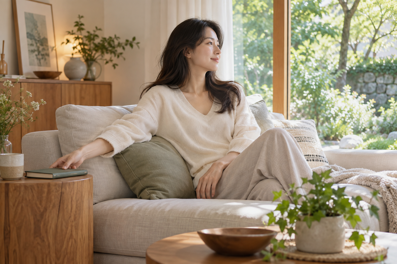 닫힌 수첩을 옆 탁자에 내려놓고 소파에서 쉬는 여성