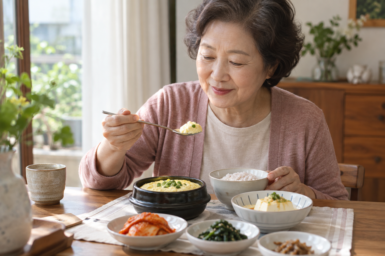 달걀찜과 두부를 곁들인 밥상에서 식사하는 어르신