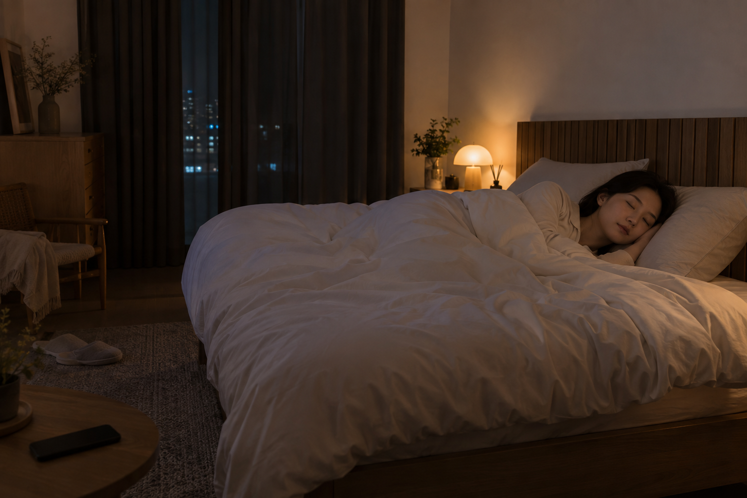어두운 커튼이 드리워진 침실에서 이불을 덮고 잠든 여성