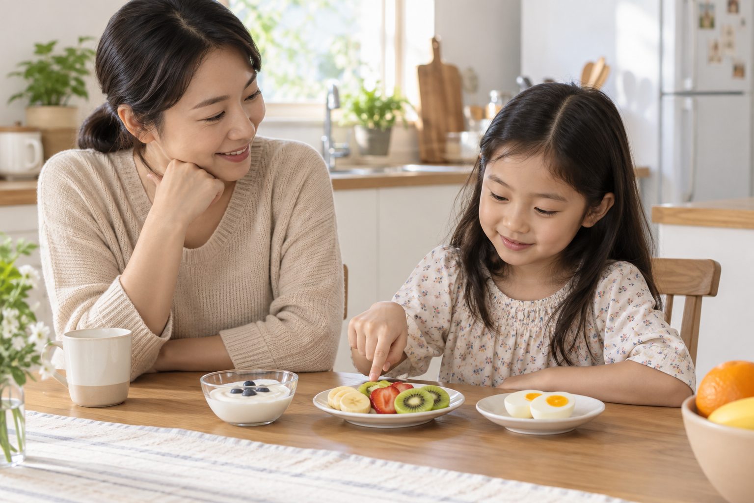 작은 아침 식사 선택지를 함께 살펴보는 한국인 부모와 아이