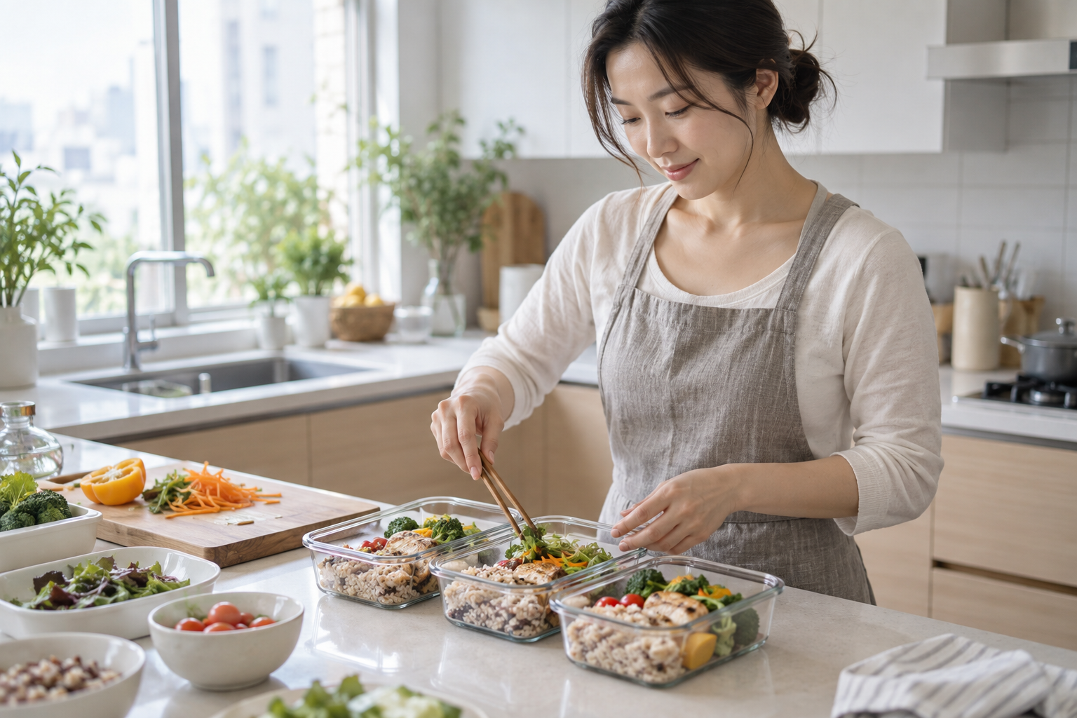 밝은 주방에서 균형 잡힌 식사를 준비하는 한국인 성인