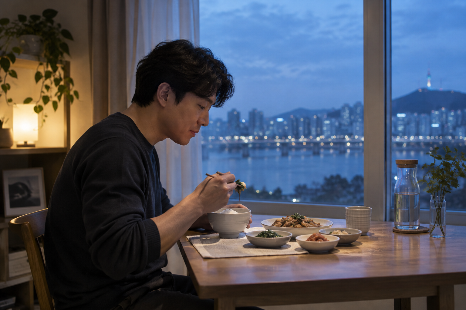저녁 창가 식탁에 앉아 화면 없이 혼자 식사하는 남성
