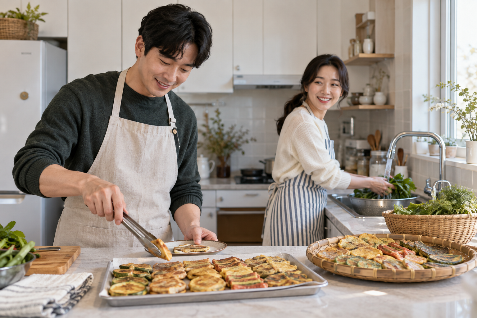 주방에서 전을 담고 채소를 씻으며 명절 준비를 나누는 두 사람