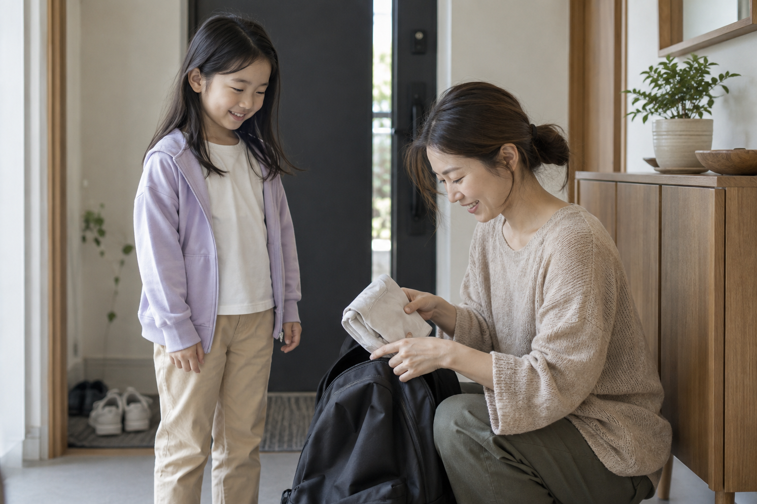 지퍼 겉옷을 입은 아이 옆에서 보호자가 가방에 여벌 옷을 넣는 모습