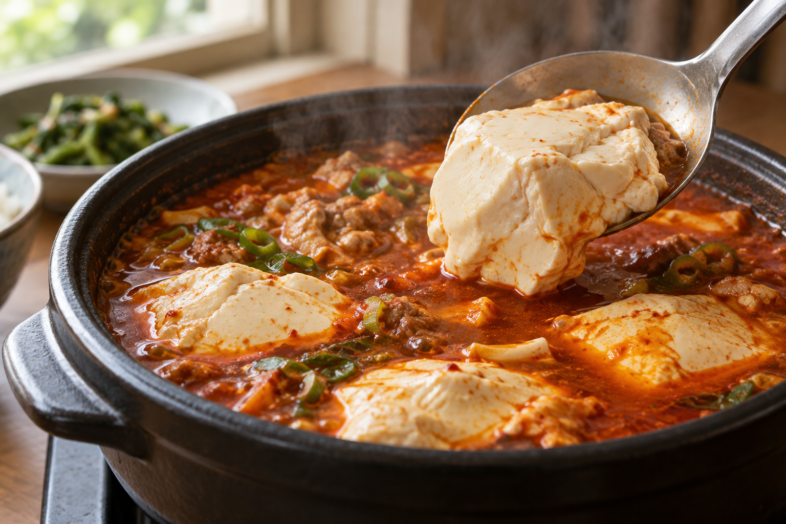 큰 숟가락에 담긴 순두부 덩어리와 붉은 찌개