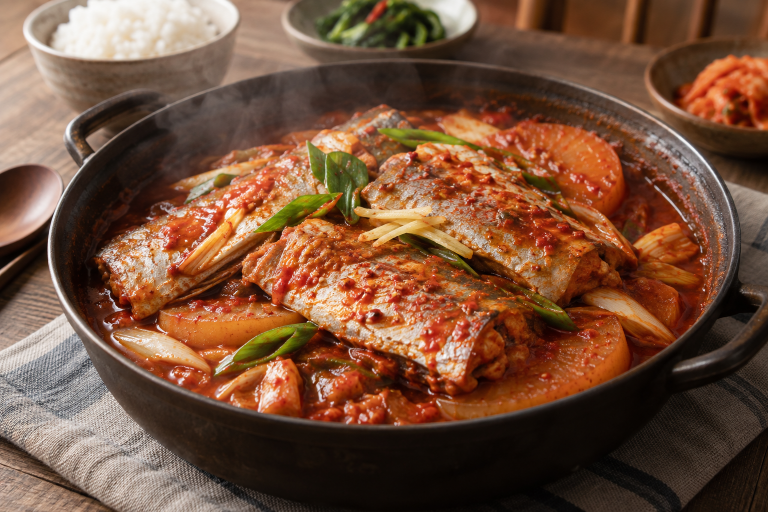 무와 대파, 생강을 곁들여 냄비에 조린 갈치