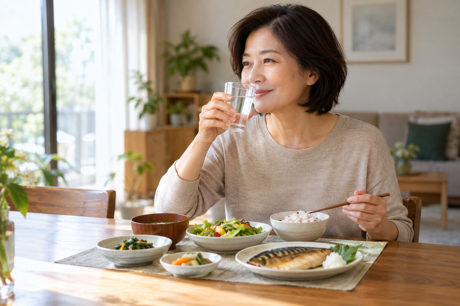 채소와 생선이 있는 식탁에서 물을 마시는 중년 여성