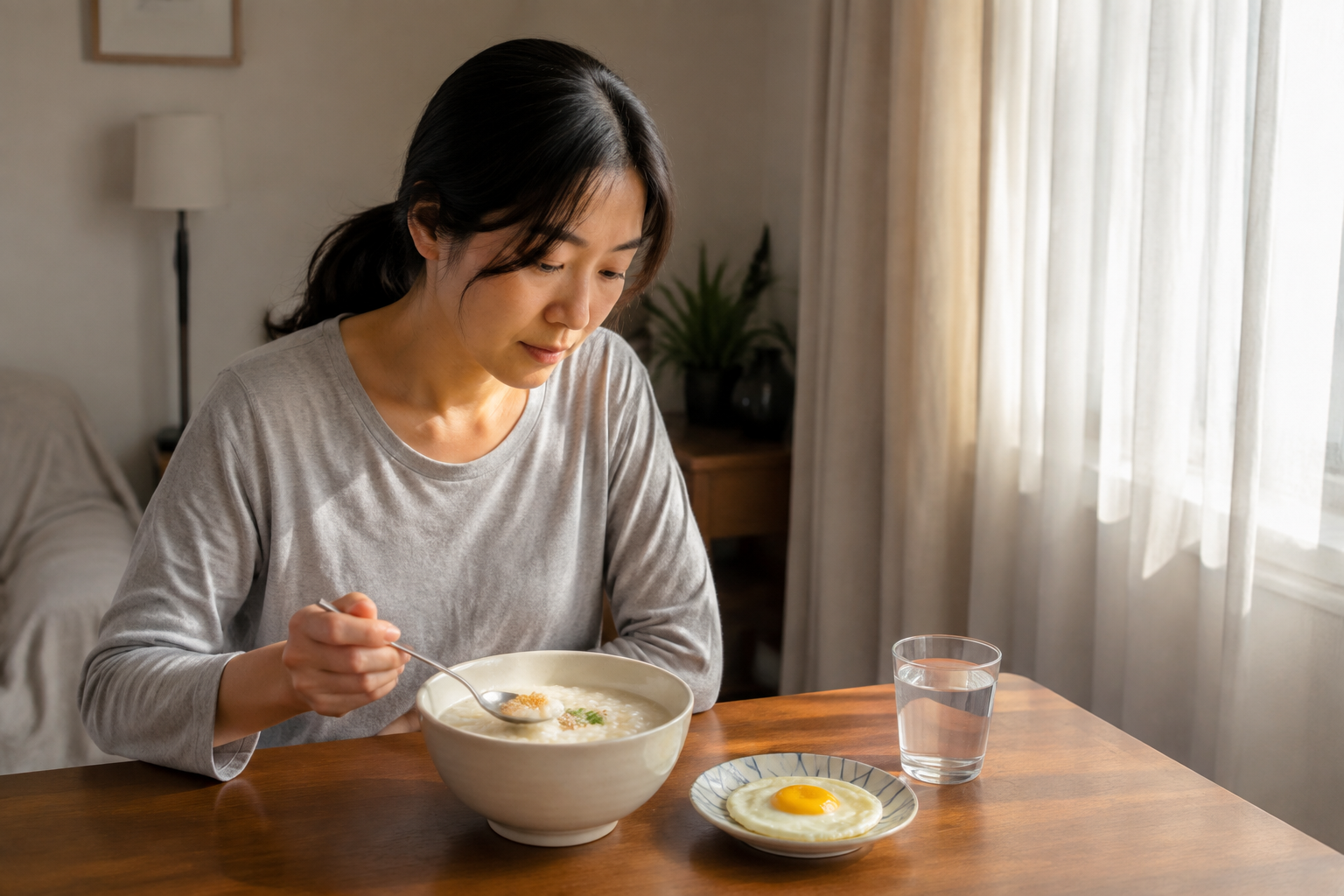 아침 햇살 아래 죽과 달걀, 물로 식사하는 여성