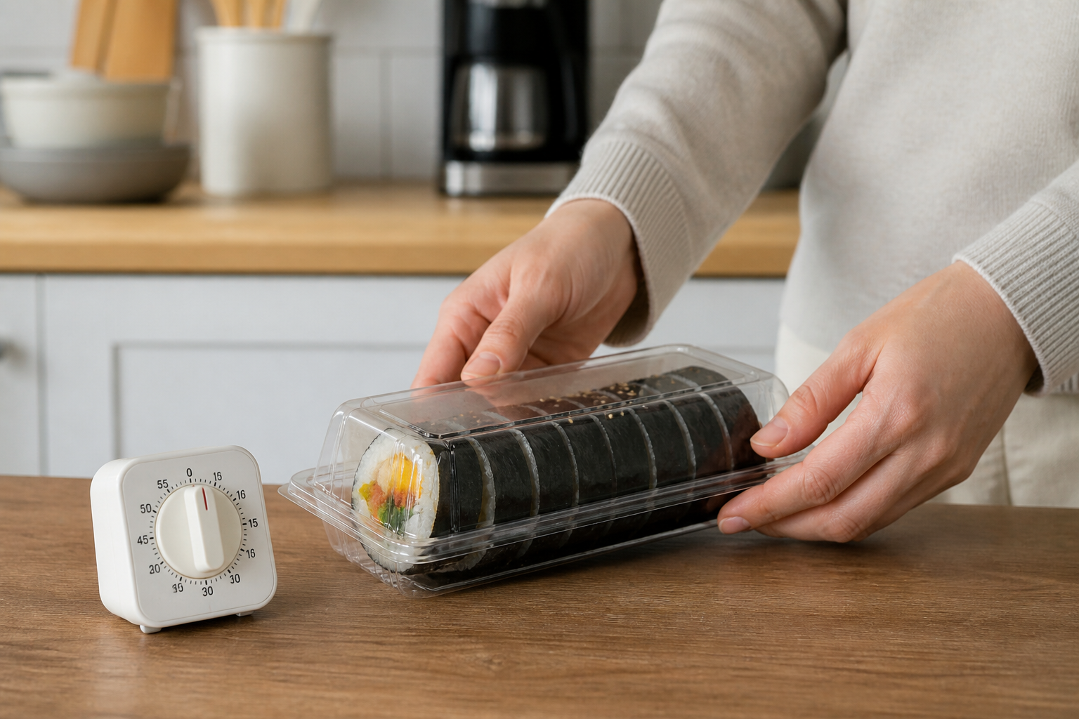 타이머 옆 오래 둔 김밥을 치우는 손