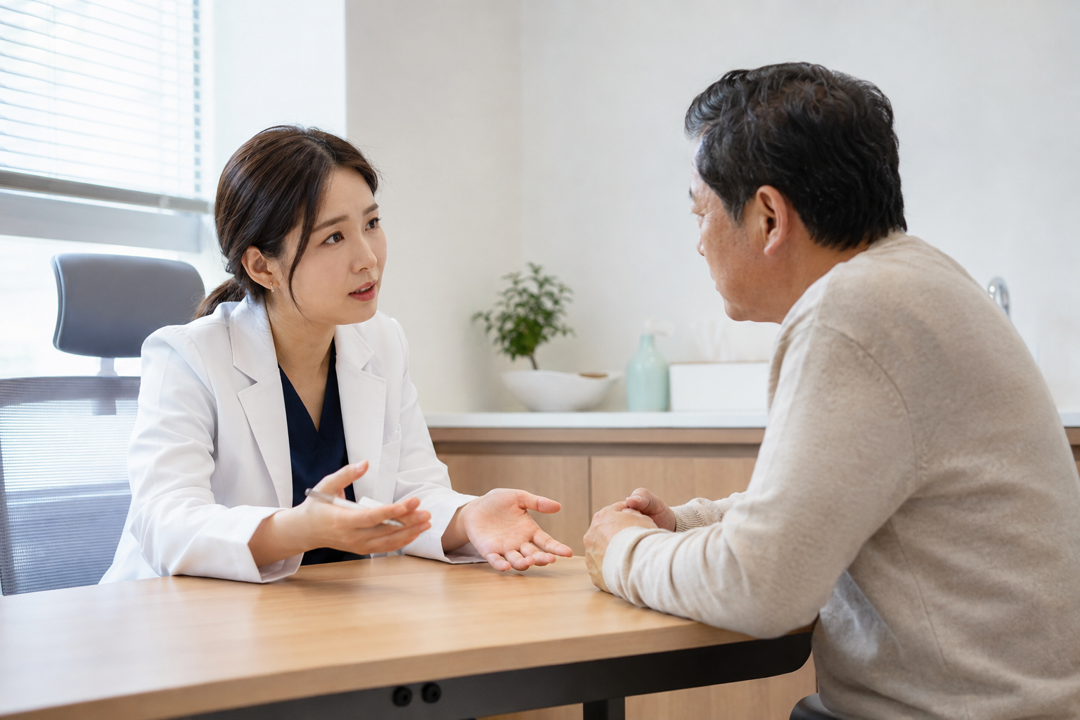 밝은 진료실에서 의사와 증상을 상담하는 중년 남성