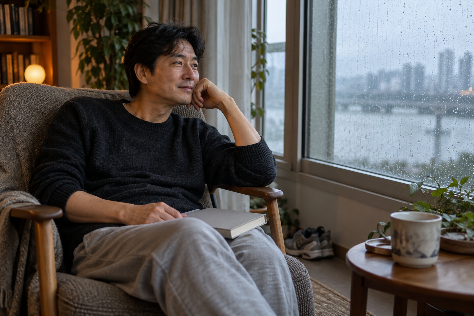 비 오는 날 창가에 앉아 책을 무릎에 두고 쉬는 남성
