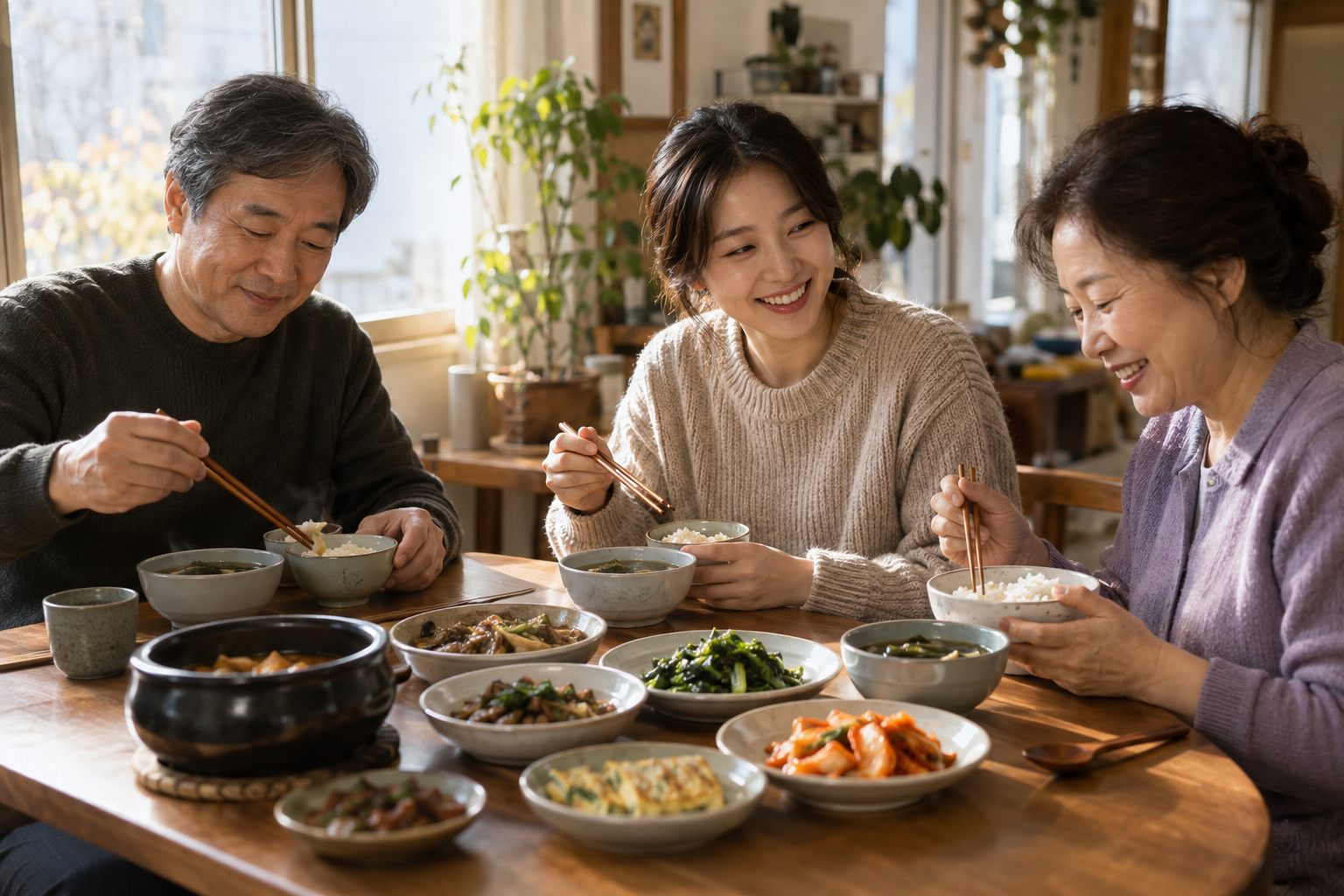 개인 밥그릇과 국그릇을 놓고 식사하는 한국인 가족