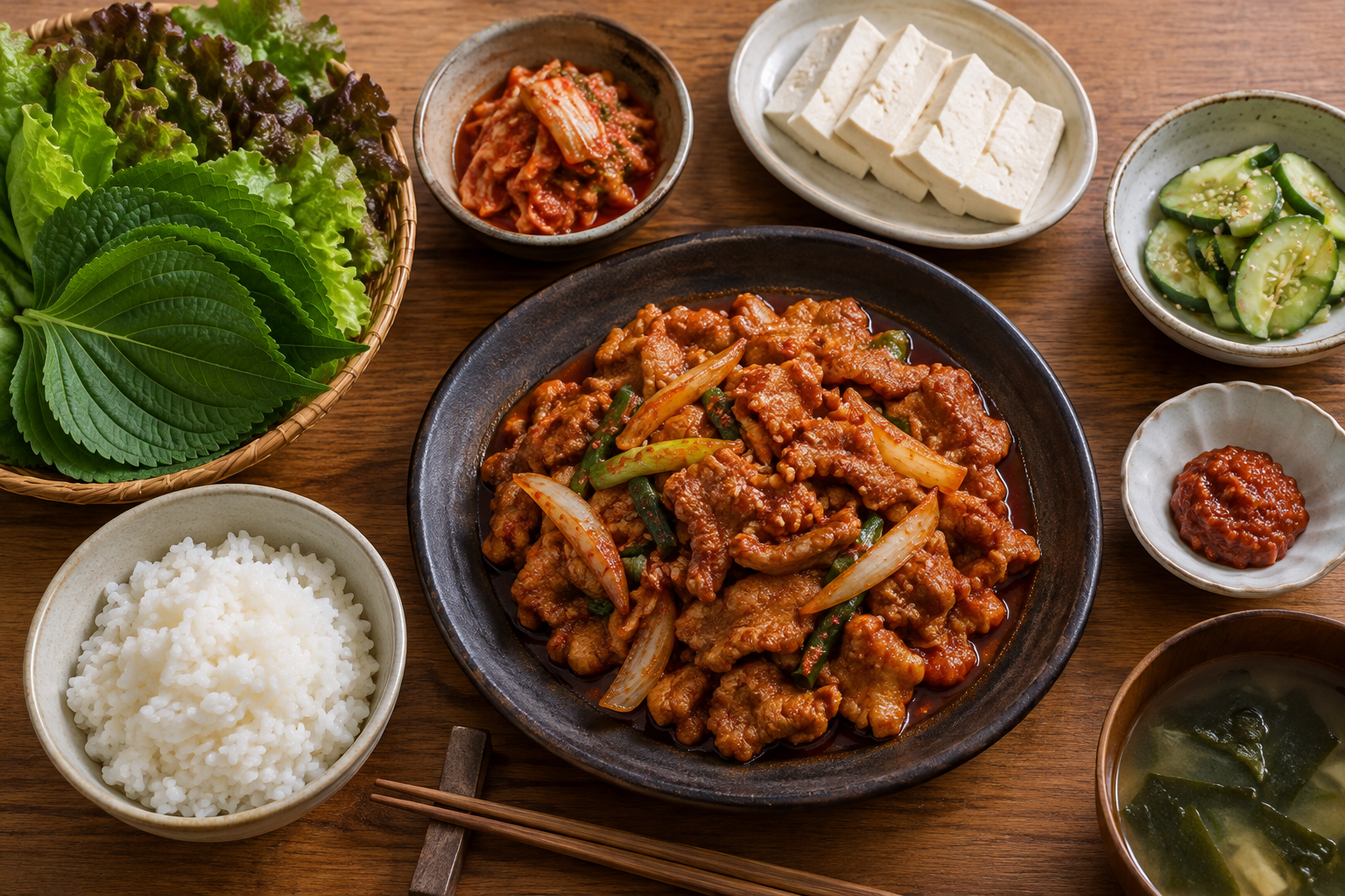 제육볶음에 밥과 쌈채소, 두부, 오이 반찬을 곁들인 한식 상차림