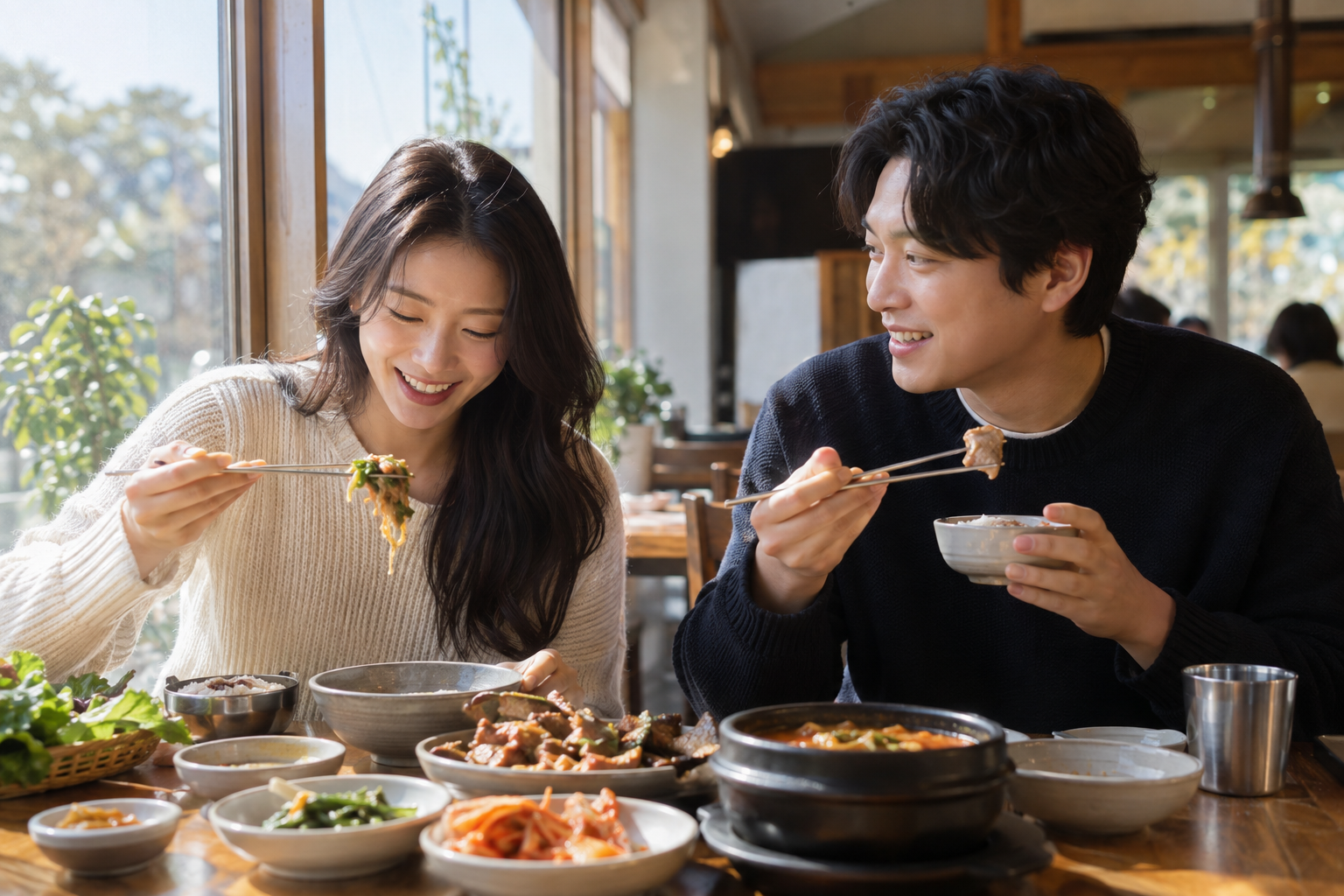 창가 식당에서 편안하게 식사를 즐기는 두 사람