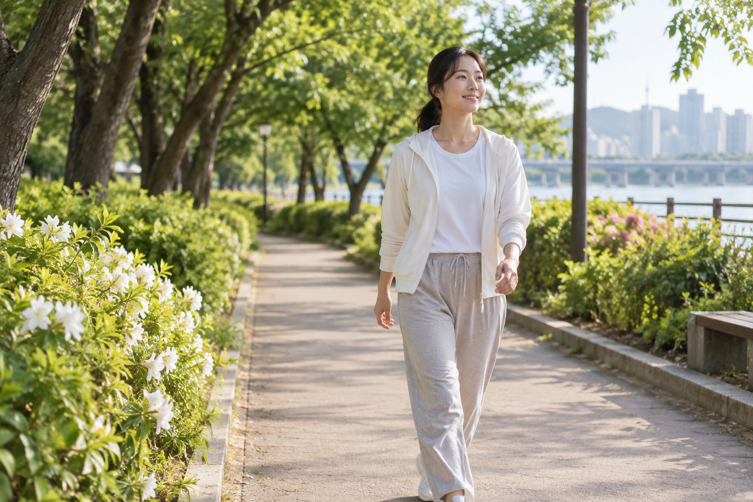 나무가 우거진 강변 산책로를 편안한 옷차림으로 걷는 성인