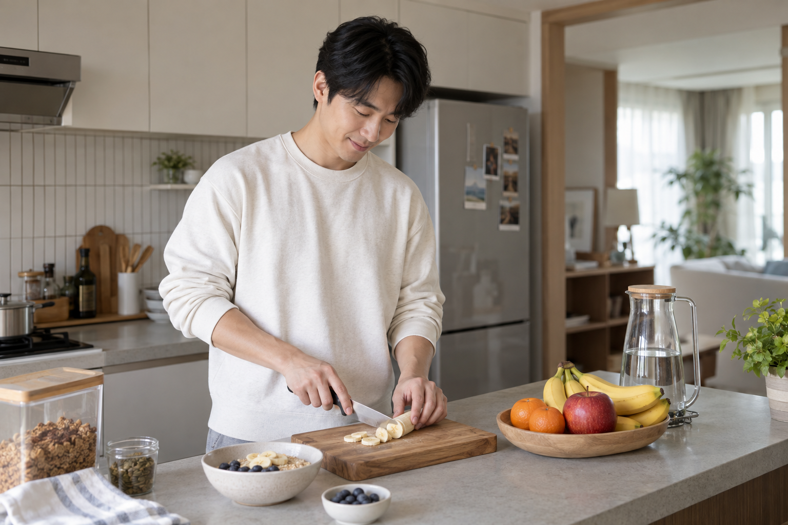 과일과 물병이 놓인 주방에서 아침 식사를 준비하는 남성