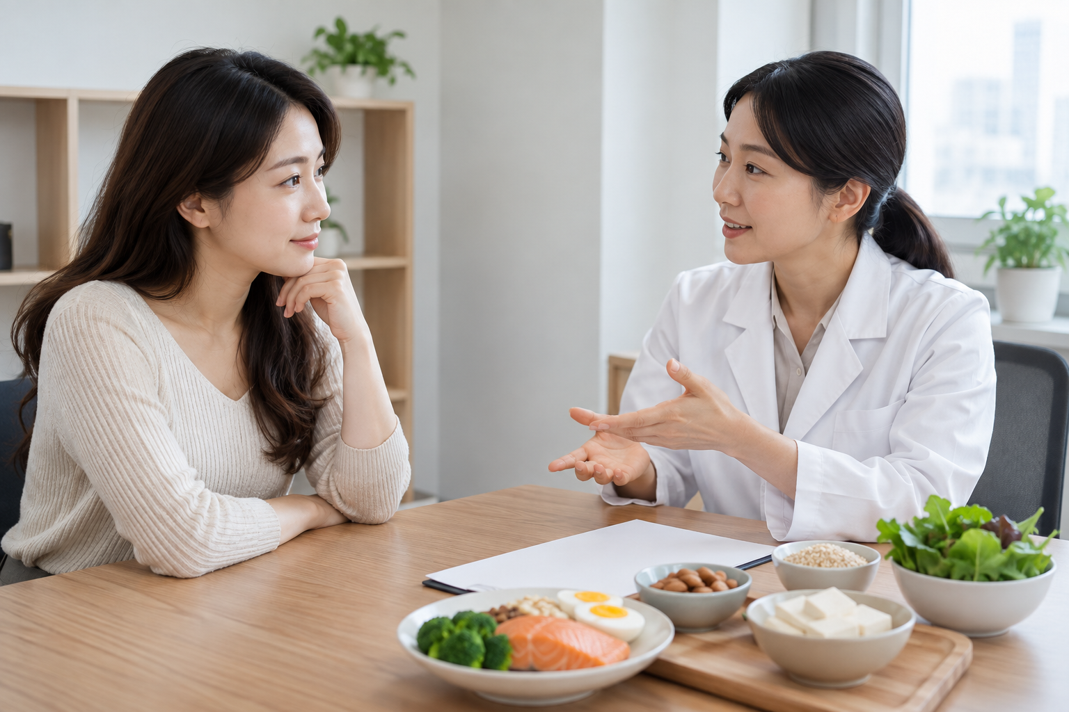 식품 예시가 놓인 상담실에서 영양 상담을 받는 여성