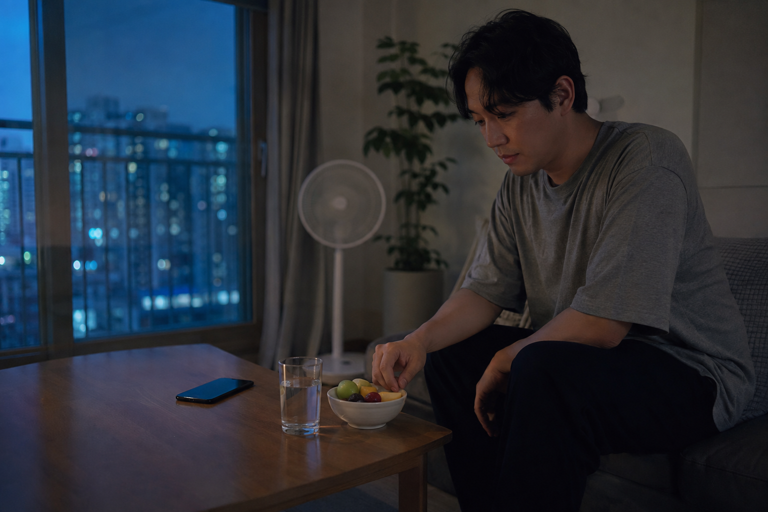 여름밤 스마트폰을 내려놓고 과일과 물을 선택한 남성