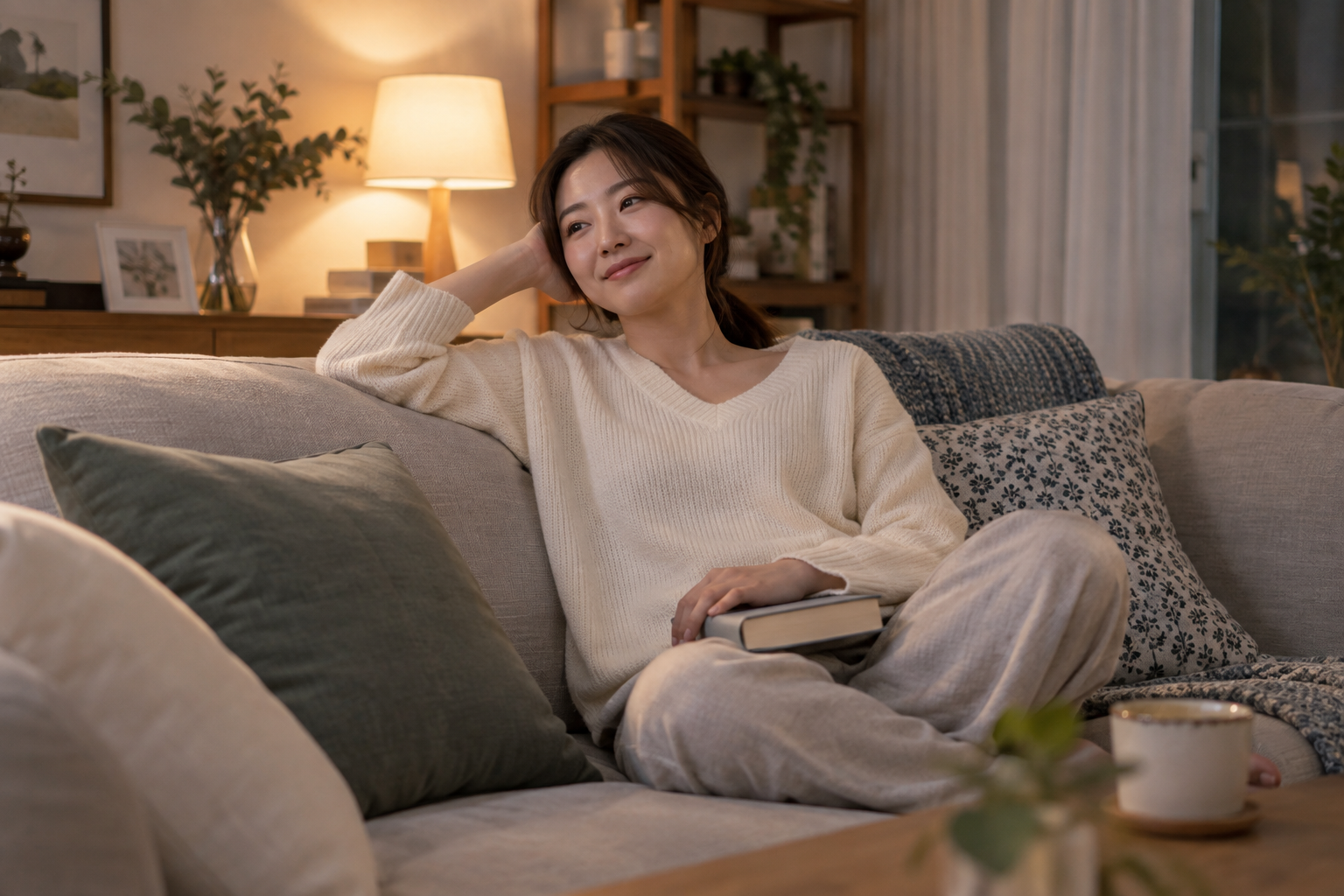 소파에서 책을 무릎에 놓고 편안하게 쉬는 여성