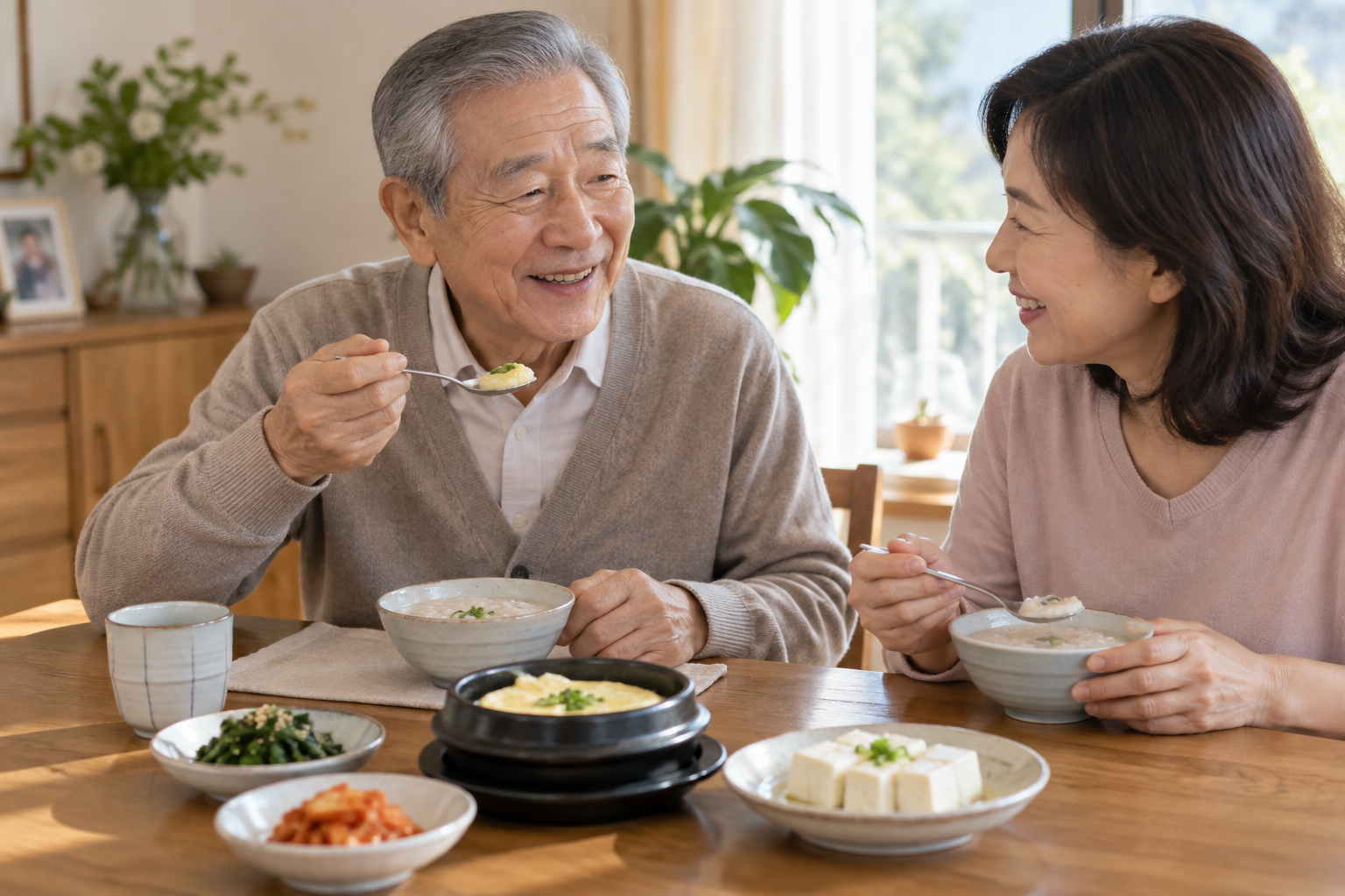 부드러운 아침 식사를 함께 먹는 한국인 어르신과 가족