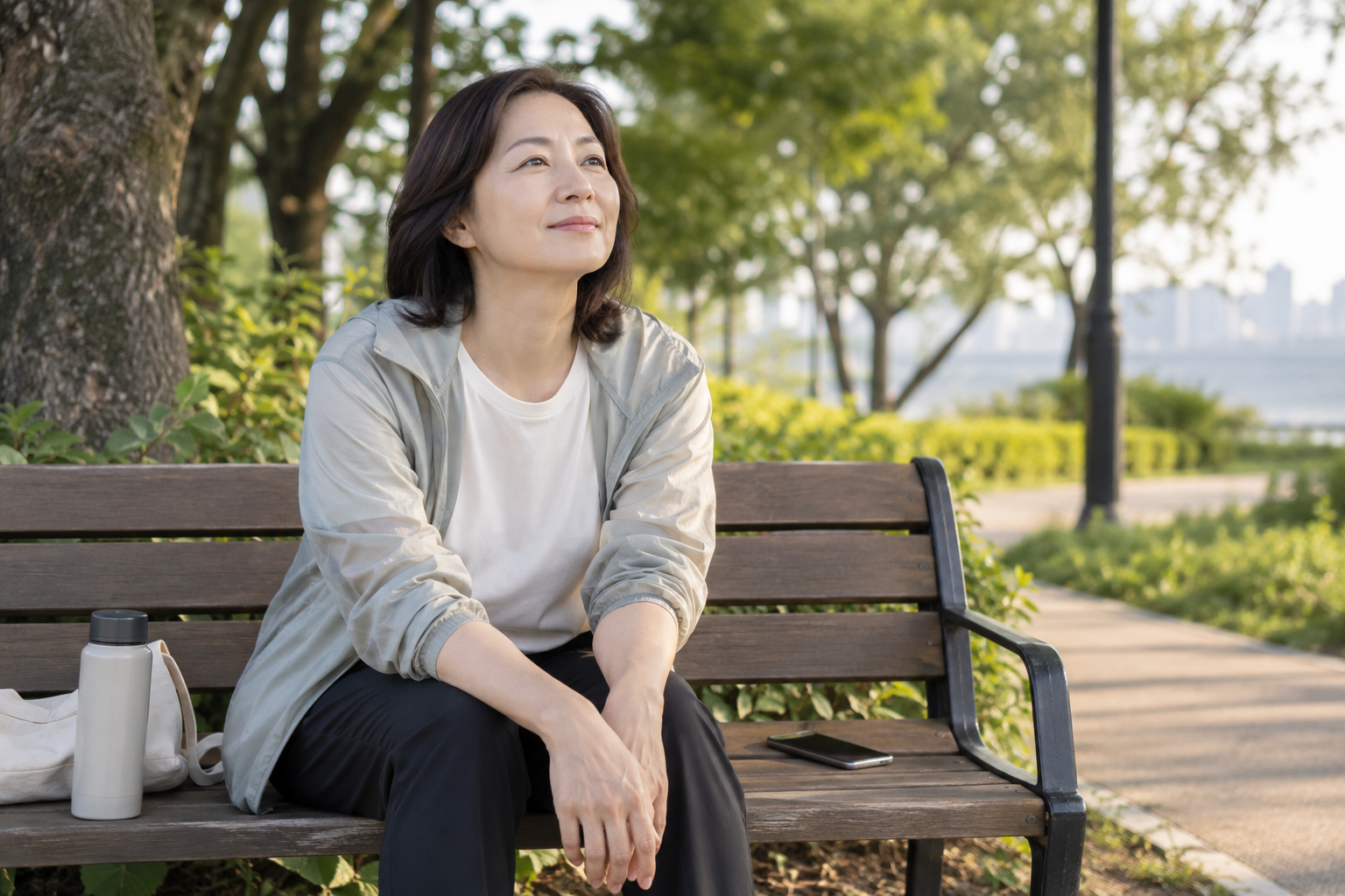 산책 후 공원 벤치에서 차분히 쉬는 한국인 성인
