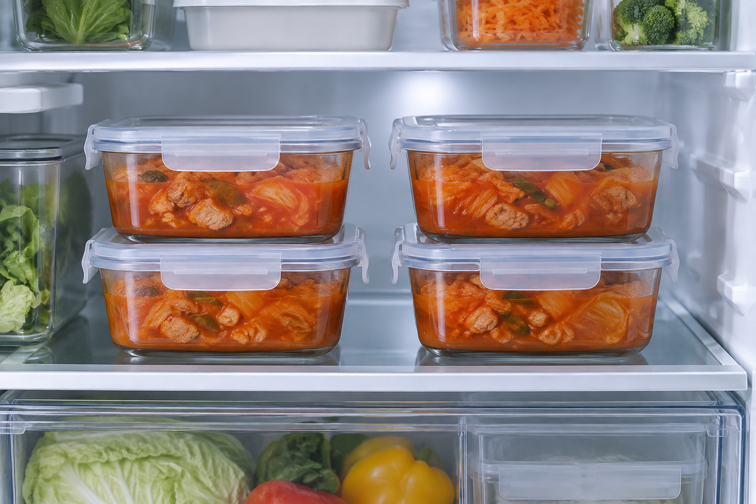 냉장고에 정돈해 넣은 김치찌개 밀폐 용기