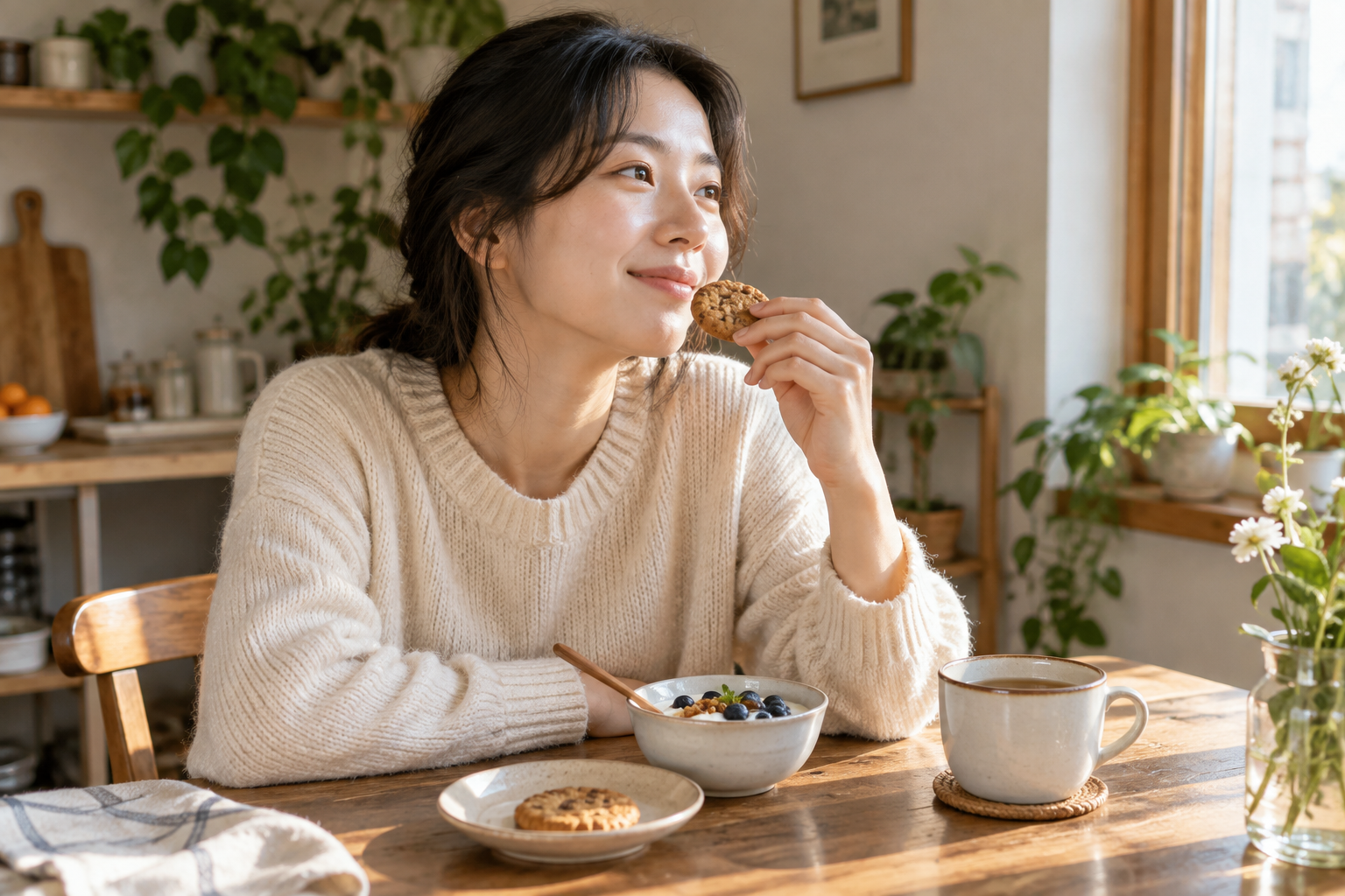 요거트와 차가 놓인 식탁에서 쿠키를 즐기는 여성