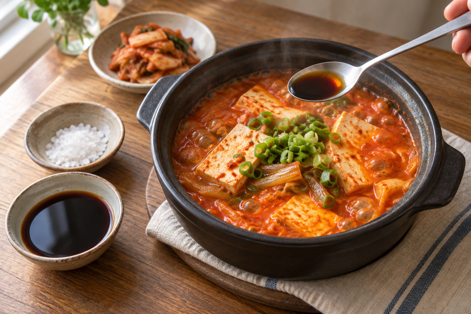 순두부찌개 위에 간장을 담은 숟가락과 곁에 놓인 소금