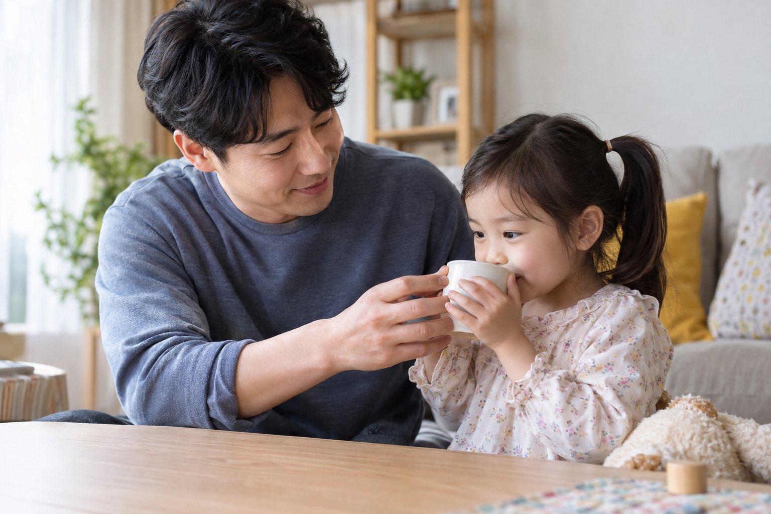 어린 딸이 컵으로 물을 마시도록 도와주는 아버지