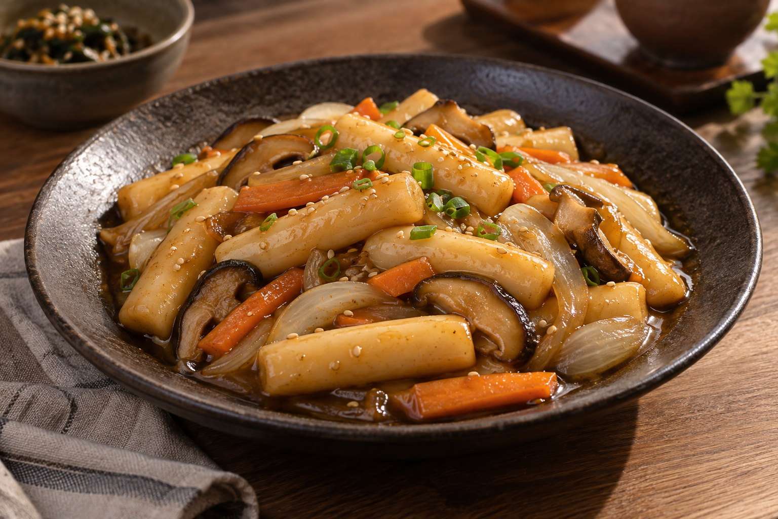 버섯과 양파, 당근을 넣어 갈색 양념으로 만든 간장 떡볶이