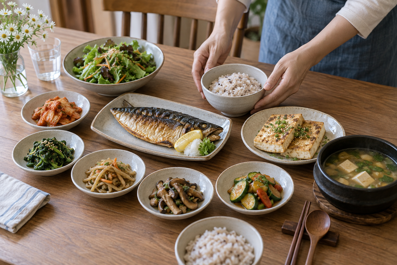 밥과 생선, 두부, 채소로 구성한 식사를 차리는 손