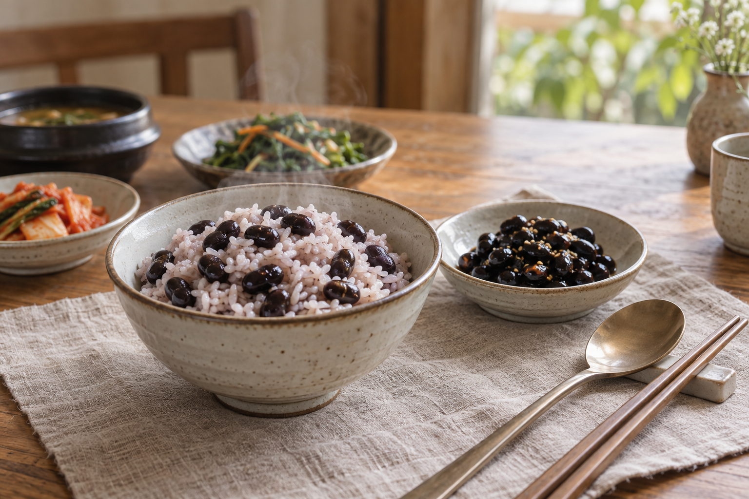 검은콩을 넣은 밥과 윤기 있게 조린 콩자반