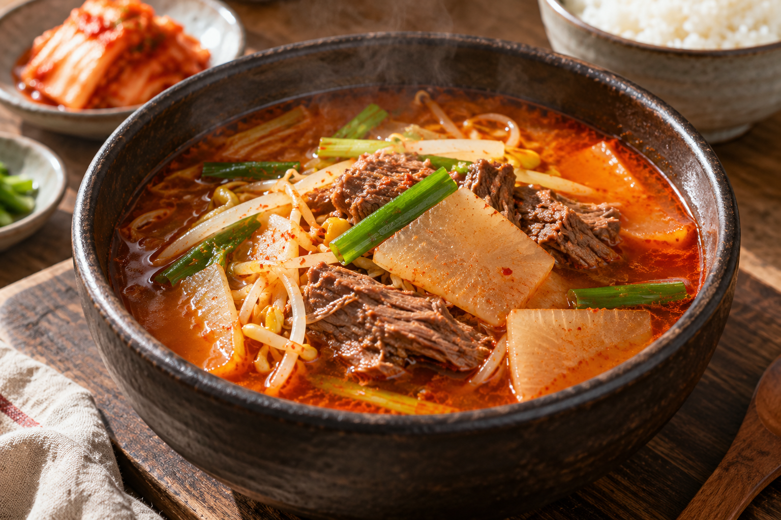 소고기와 무, 콩나물이 들어간 빨간 뭇국