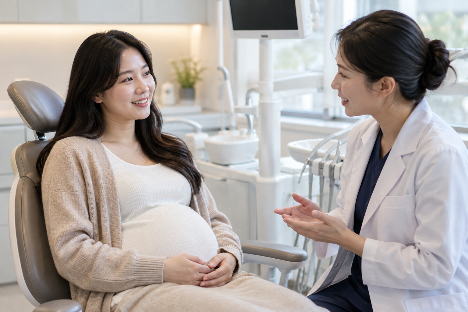 치과에서 여성 치과의사와 구강 건강을 상담하는 임산부