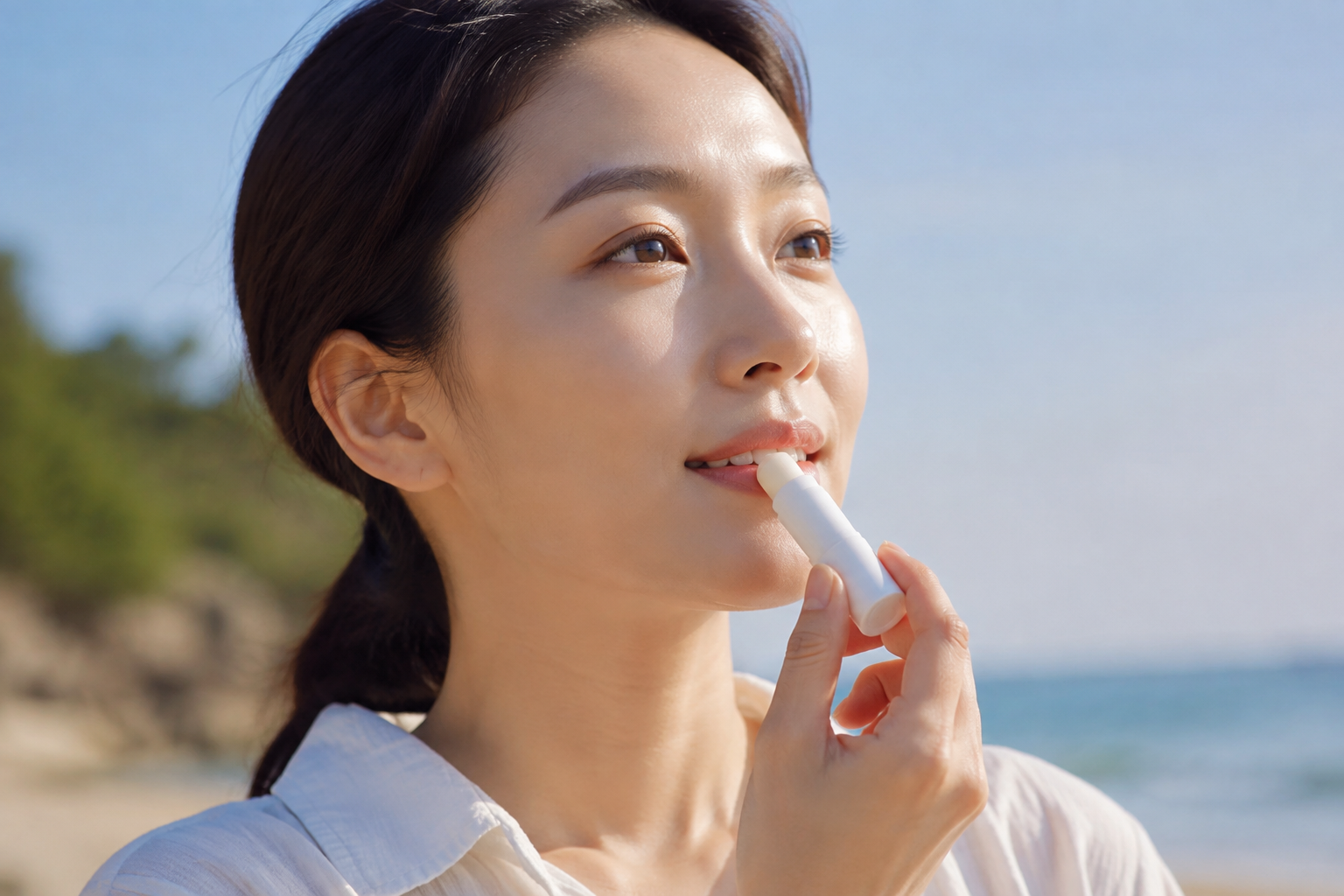여름 야외에서 립밤으로 입술을 관리하는 사람