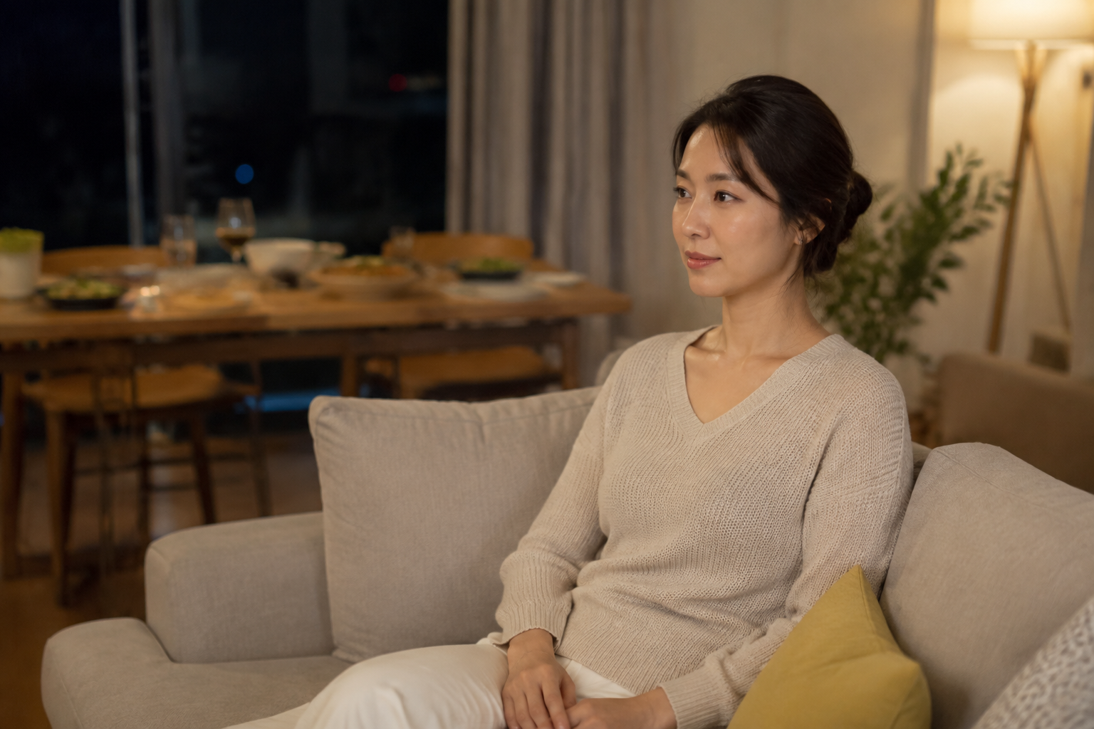 저녁 식사 후 소파에 상체를 세워 앉아 쉬는 여성