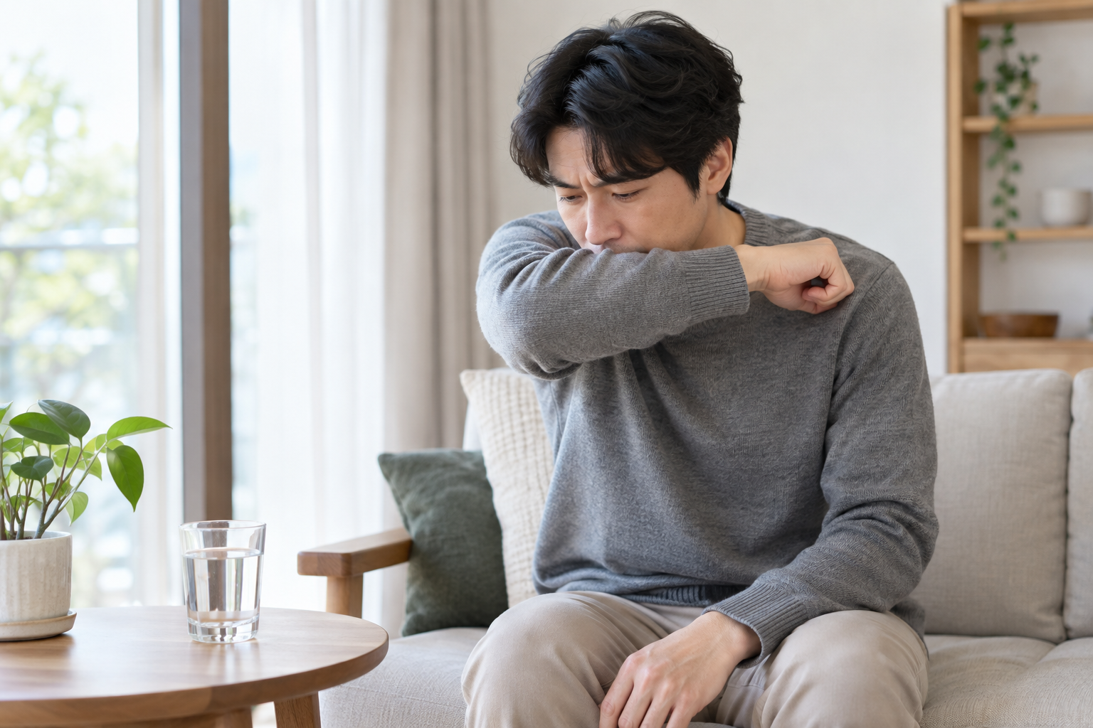 물컵이 놓인 소파 옆에서 팔 안쪽으로 기침을 가리는 남성