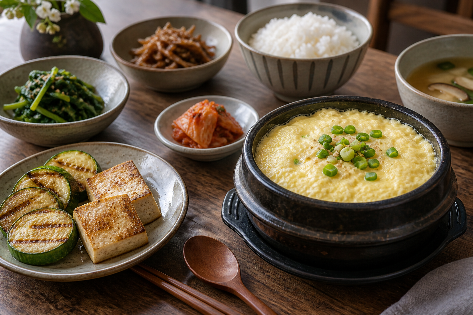 작은 김치 접시에 계란찜과 두부, 애호박을 곁들인 상차림
