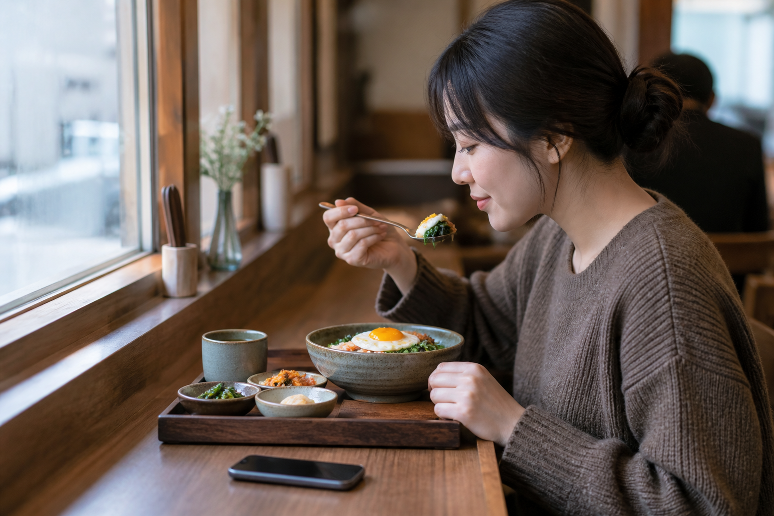 휴대전화를 내려놓고 식당 카운터에서 혼자 먹는 균형 잡힌 식사