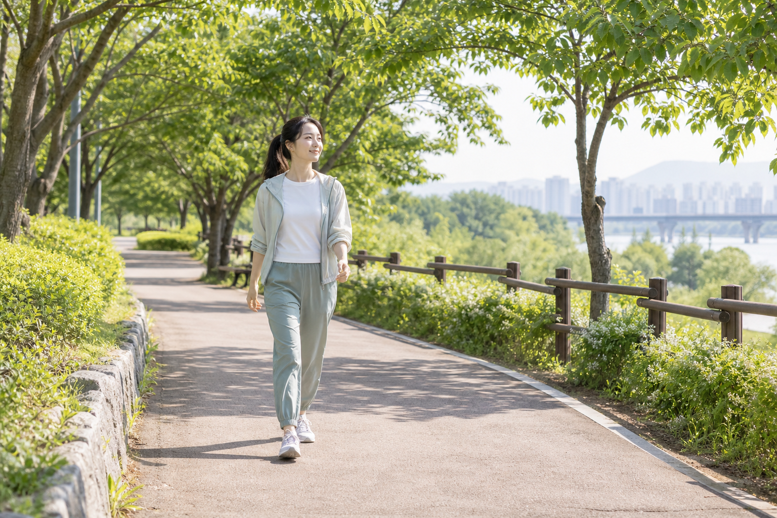 아침 햇빛 아래 나무가 우거진 공원 산책로를 걷는 여성