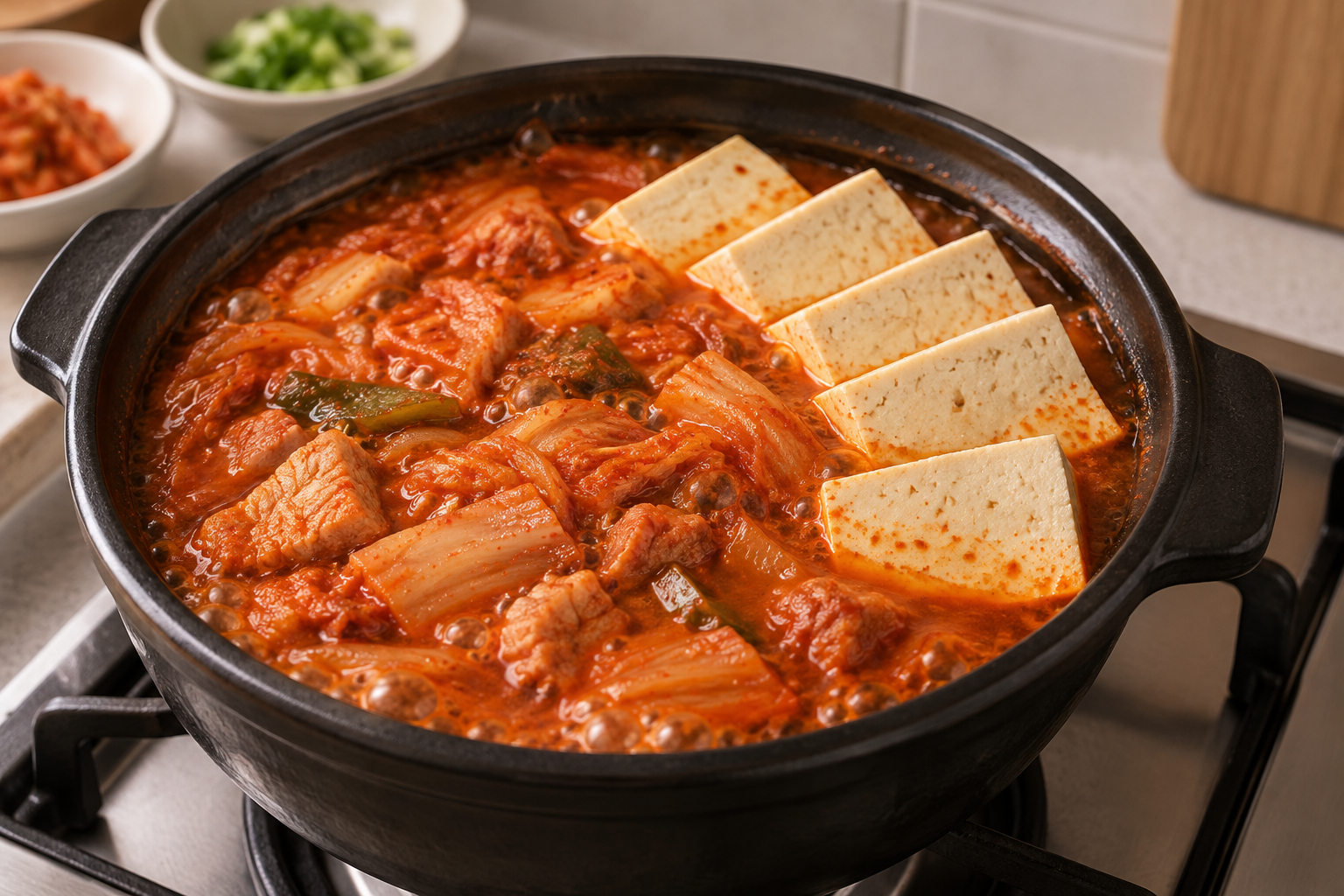 완성 직전 김치찌개에 가지런히 올린 두부 조각