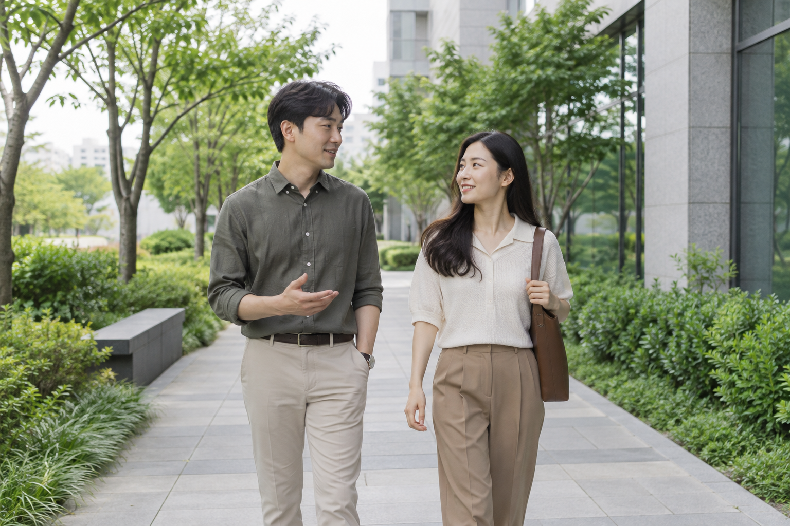 점심시간에 사무실 근처 보행로를 함께 걷는 두 동료