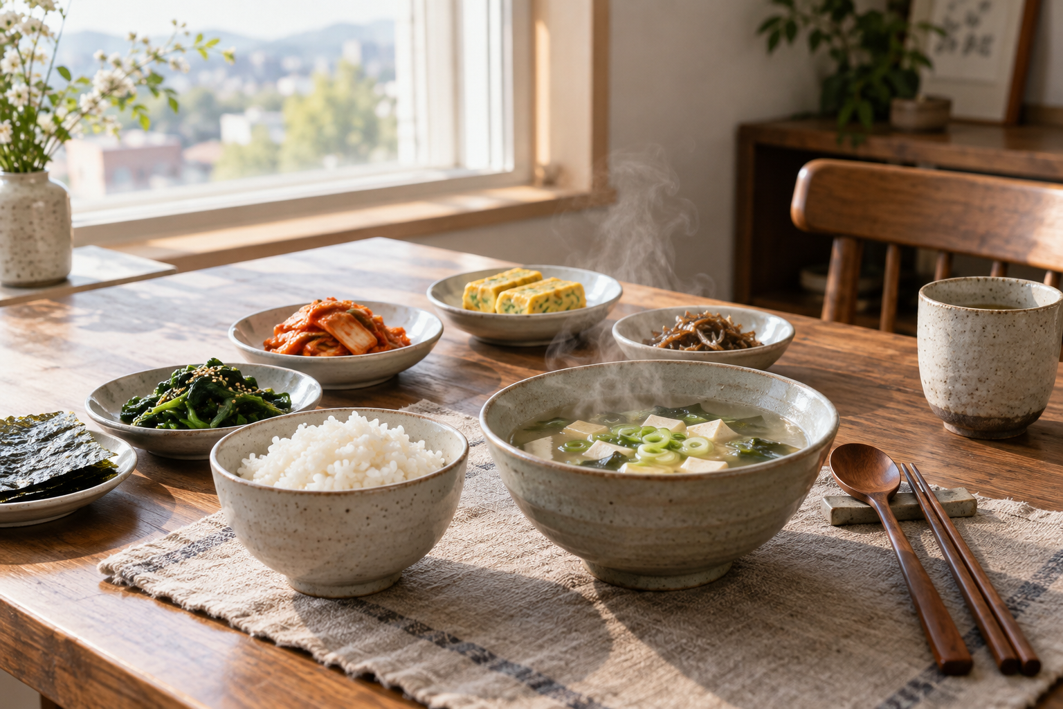 맑은 국과 밥, 반찬으로 구성한 한국식 아침상