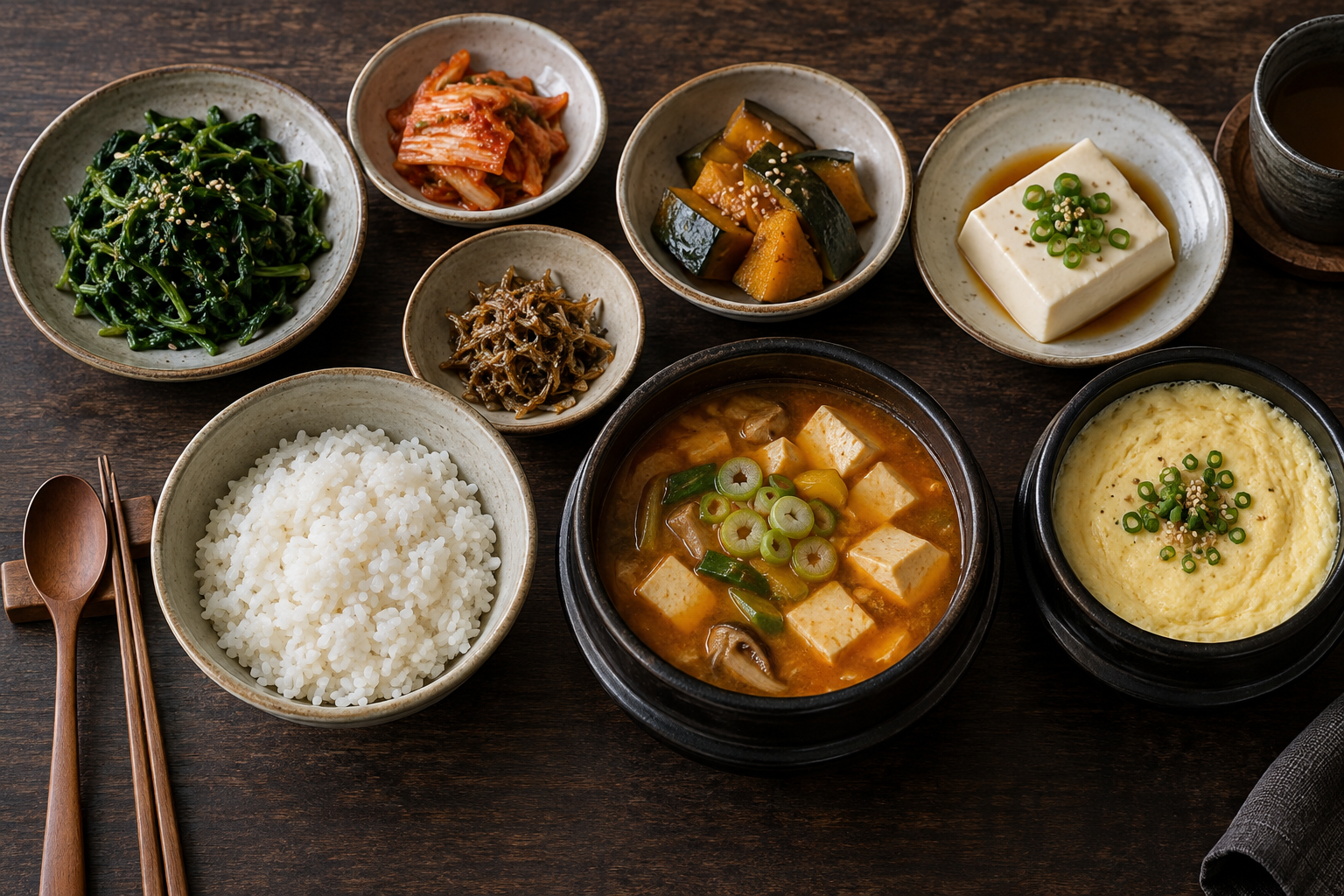 밥과 두부, 달걀찜, 익힌 채소를 다양한 그릇에 담은 한식 상차림