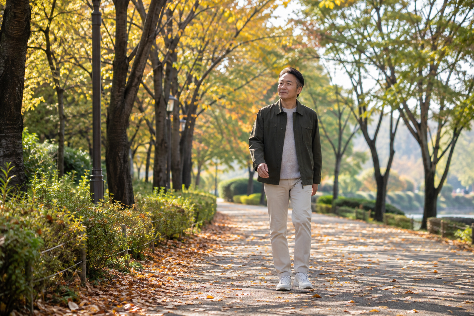 햇빛이 비치는 공원 산책로를 편안하게 걷는 남성