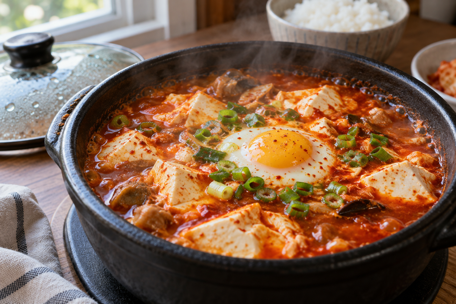순두부와 대파 사이에 달걀을 올린 붉은 찌개