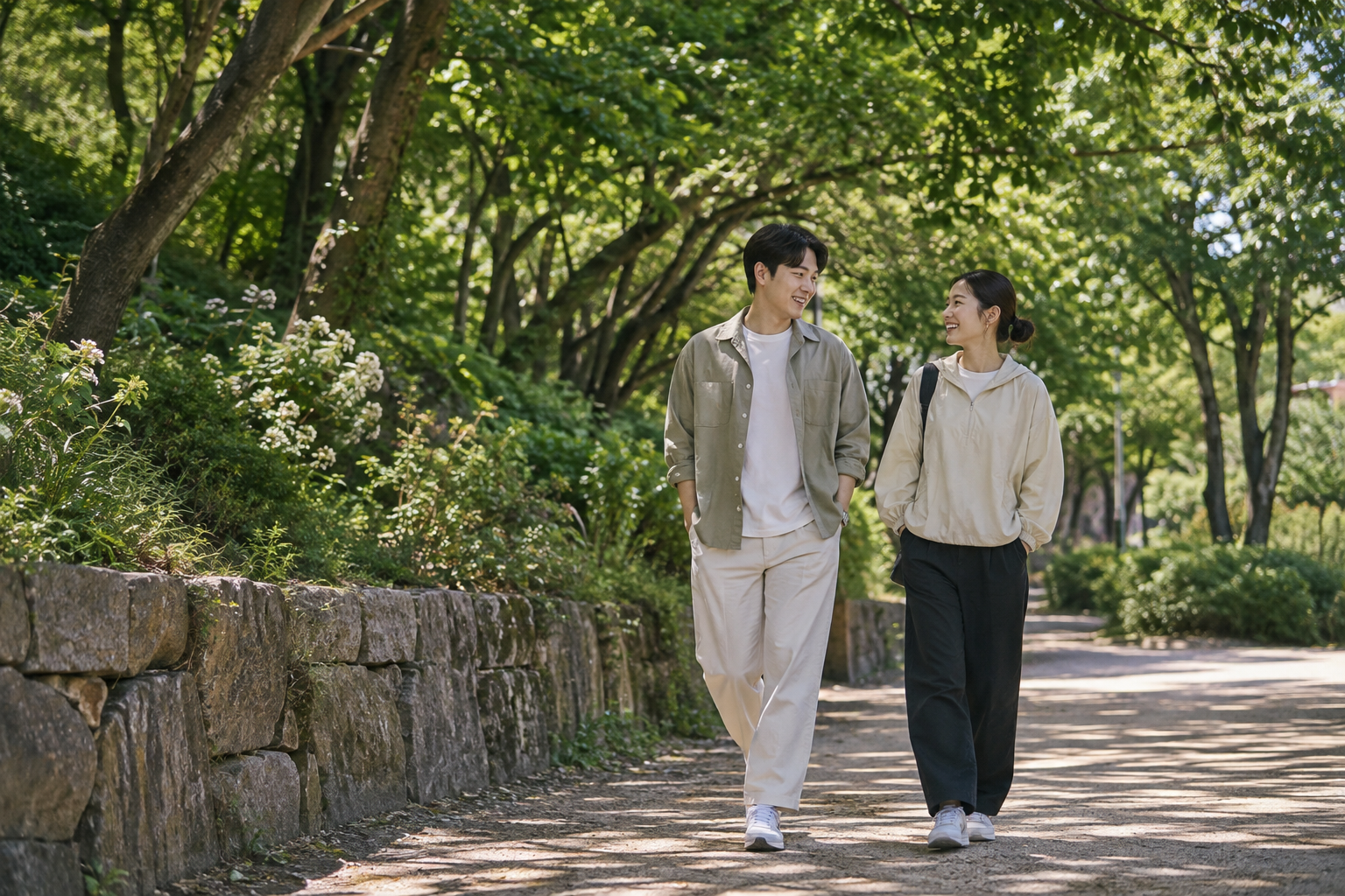 나무 그늘이 드리운 동네 공원 길을 함께 걷는 두 사람