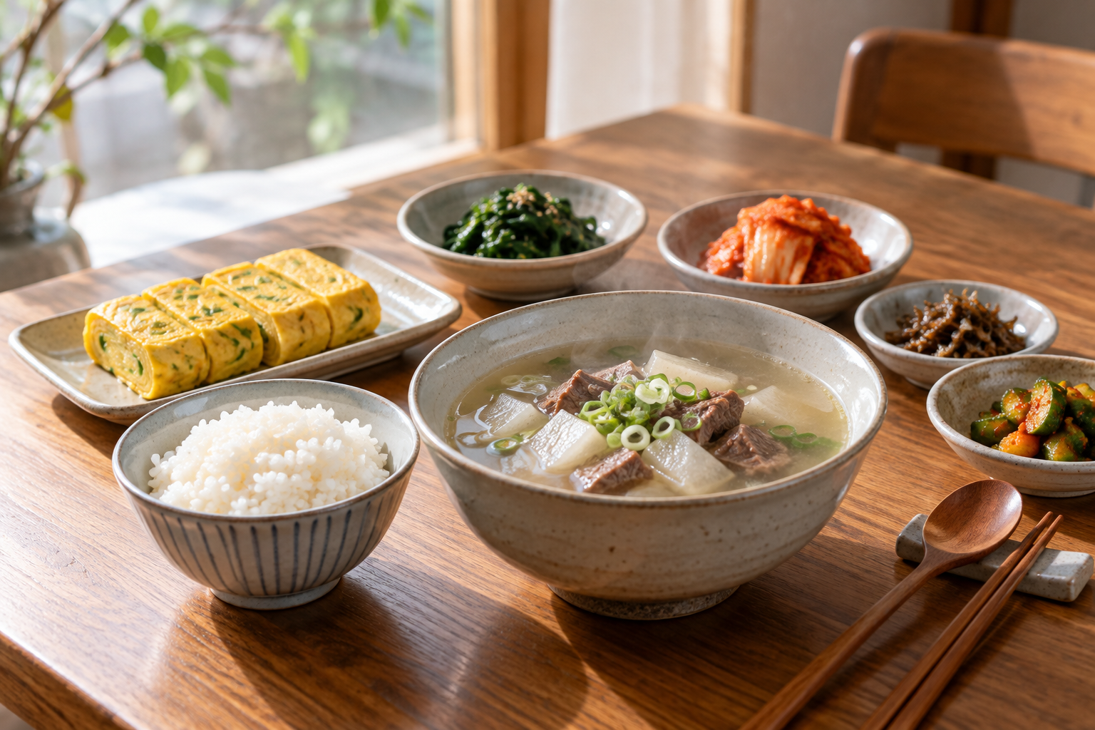 소고기뭇국과 밥, 달걀 반찬을 차린 아침 밥상