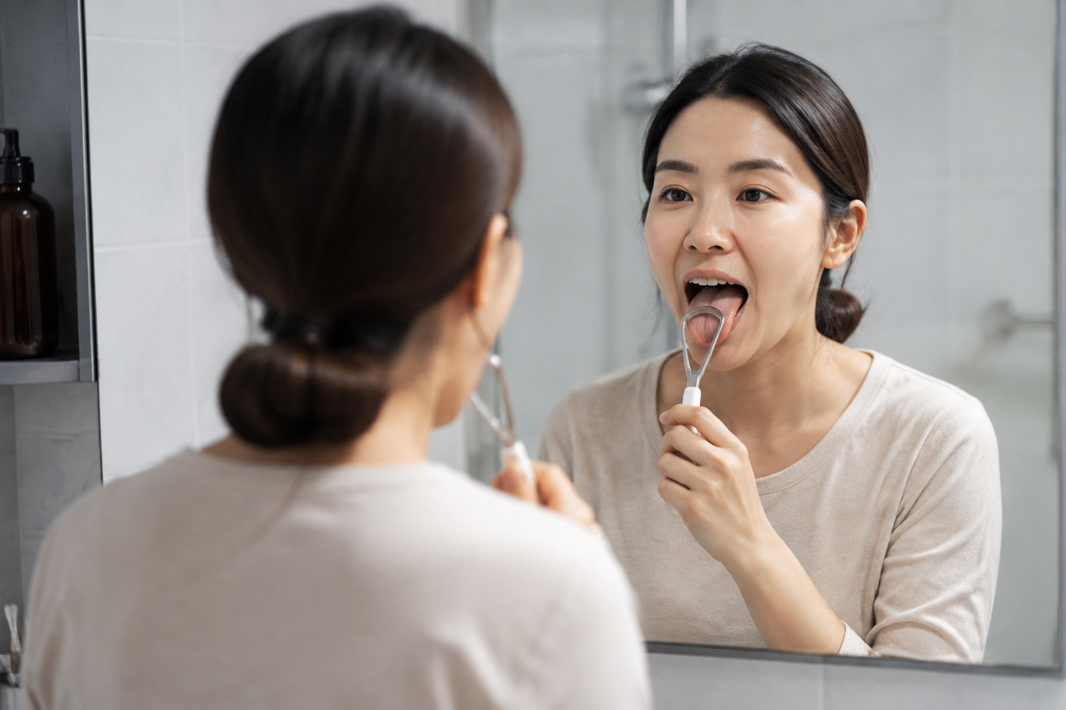 거울을 보며 혀 클리너를 사용하는 사람