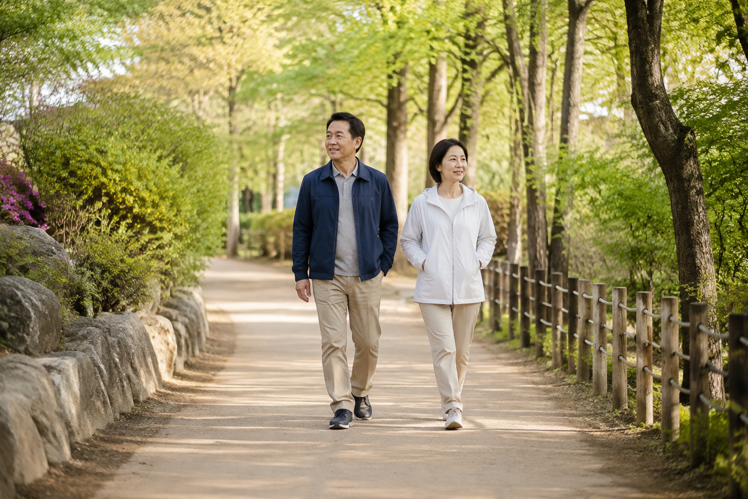나무가 우거진 공원 산책로를 여유롭게 걷는 두 성인